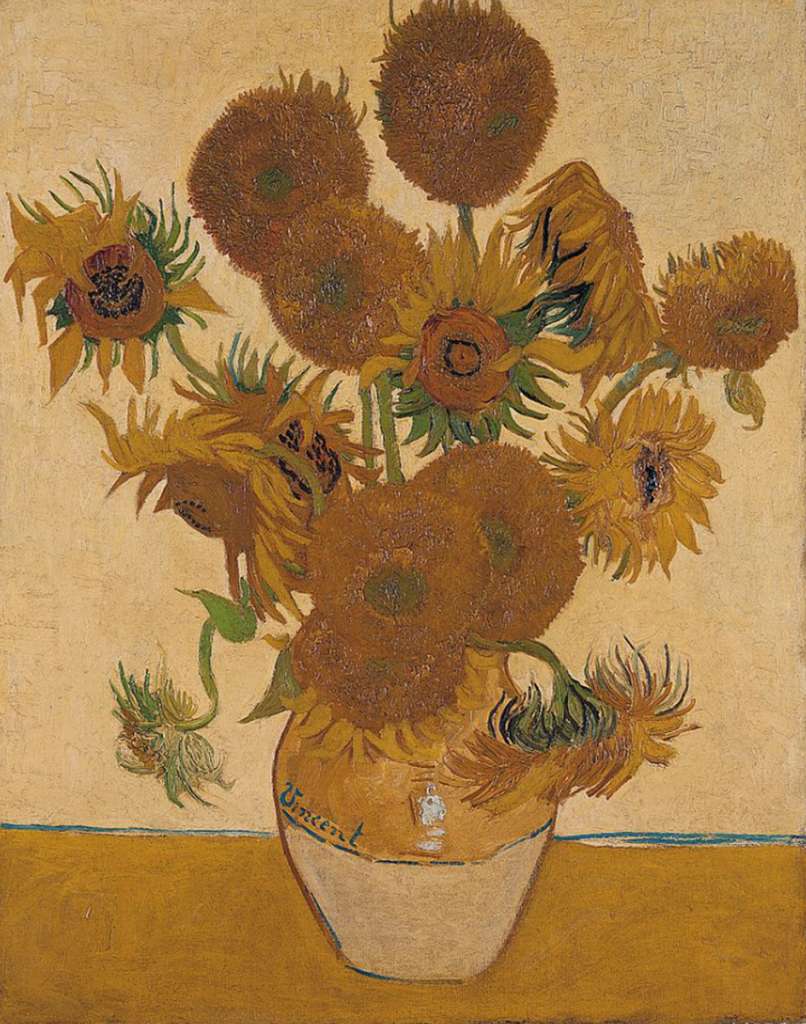 London National Gallery Top 20 16 Vincent Van Gogh - Sunflowers Vincent van Gogh  Sunflowers, 1888, 92 x 73 cm. This painting was voted #6 in the 2005 BBC Greatest Painting in Britain Poll. This is one of four paintings of sunflowers dating from August and September 1888, which Van Gogh intended to decorate Gauguins room in the so-called Yellow House that he rented in Arles. Its predominant yellow hue (for van Gogh an emblem of happiness) is also a tribute to Provence.  The Sunflowers illustrates the cycle of life, from the bud, through maturity and death. The spiky or gnarled forms of nature also symbolized human passions to van Gogh. As if in contrast to these natural forms, the tabletop and vase are simplified, flattened and outlines, and van Goghs signature, Vincent, becomes a nave blue decoration in the glaze of the Provencal terracotta jar.